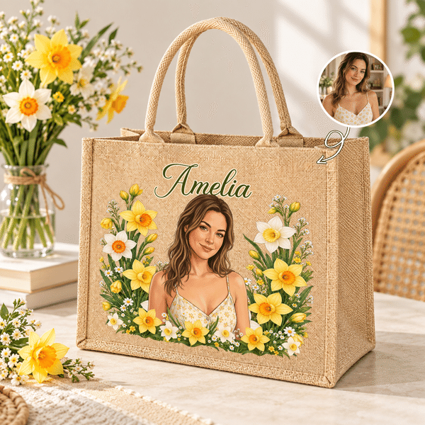 Personalised Photo Birth Flower Jute Tote Bag with Name Daily Use Beach Party Birthday Gift for Women Friends