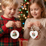 Personalised Santa Hat Initial & Cartoon Photo Heart Round Ceramic Ornament with Name Tree Decor Christmas Gift for Kid Family Friend