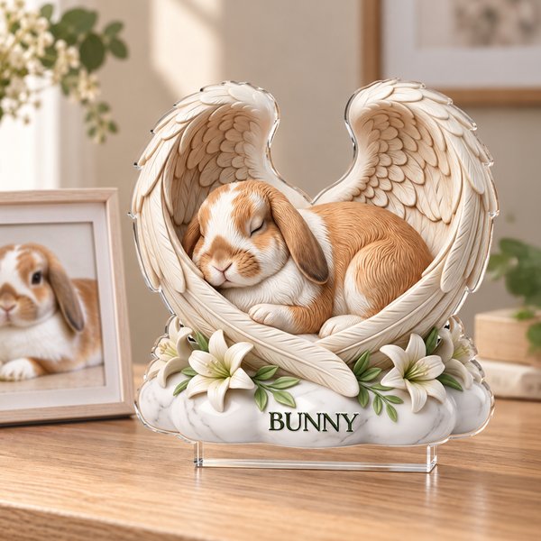 Personalized 3D-Effect Artwork Rabbit Photo Angel Wings Floral Clear Acrylic Plaque with Name Memorial Gift for Pet Rabbit Owners