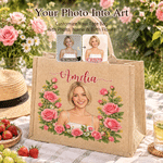 Personalised Photo Birth Flower Jute Tote Bag with Name Daily Use Beach Party Birthday Gift for Women Friends