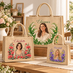 Personalised Photo Birth Flower Jute Tote Bag with Name Daily Use Beach Party Birthday Gift for Women Friends