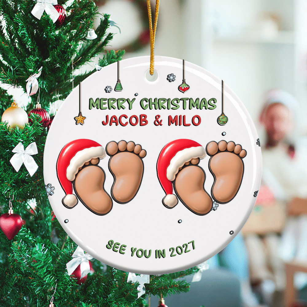 Personalised Merry Christmas Footprint Round Ceramic Ornament with Title and Year Tree Decor Christmas Baptism Gift for Baby Kids 6
