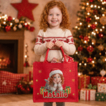 Bolso de yute rojo con diseño personalizado con efecto 3D, temática navideña, personaje de dibujos animados tumbado y foto, con nombre; regalo navideño para la familia y los niños