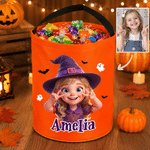 Personalised Halloween Theme Witch Vampire Photo LED Light Trick or Treat Bag with Name Halloween Gift for Teenagers Children