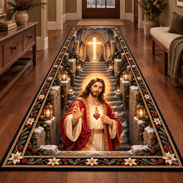 Tapis de couloir chrétien en 3D avec illusion d'optique, représentant Jésus, la Vierge Marie, la Nativité et des anges, tapis décoratif antidérapant pour le couloir, cadeau sur le thème de la foi pour