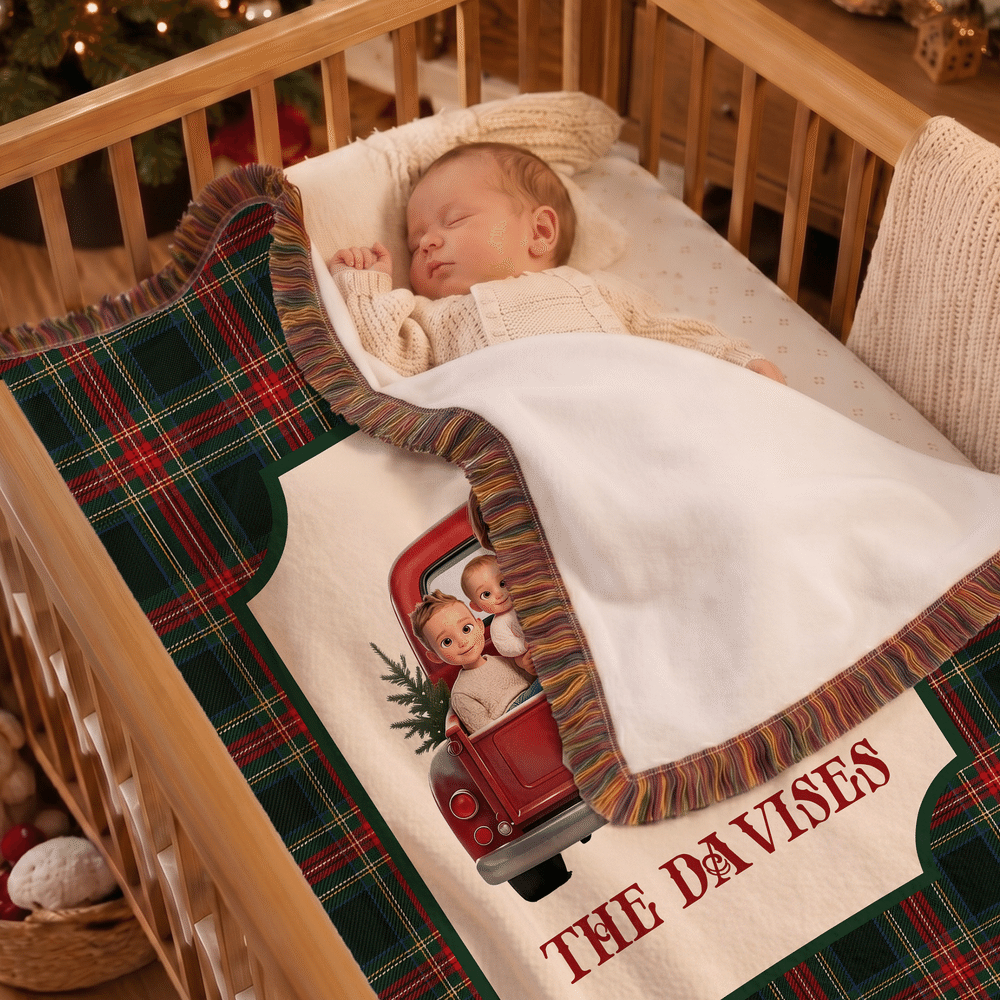 Personalised 3D-Effect Artwork Photo Pickup Lorry Plaid Blanket with Tassels and Family Surname Soft Home Decor Christmas Gift for Family Friend 6