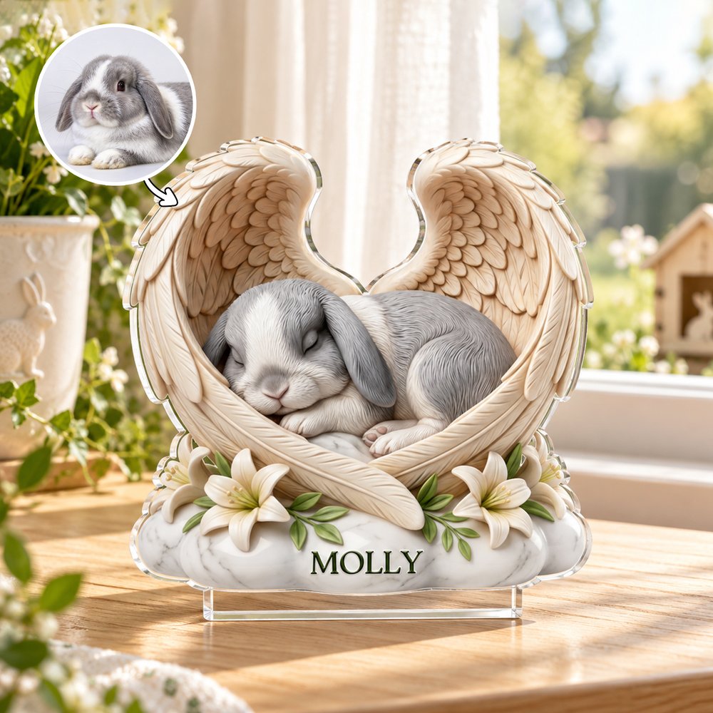 Personalized 3D-Effect Artwork Rabbit Photo Angel Wings Floral Clear Acrylic Plaque with Name Memorial Gift for Pet Rabbit Owners 2