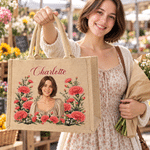 Personalised Photo Birth Flower Jute Tote Bag with Name Daily Use Beach Party Birthday Gift for Women Friends