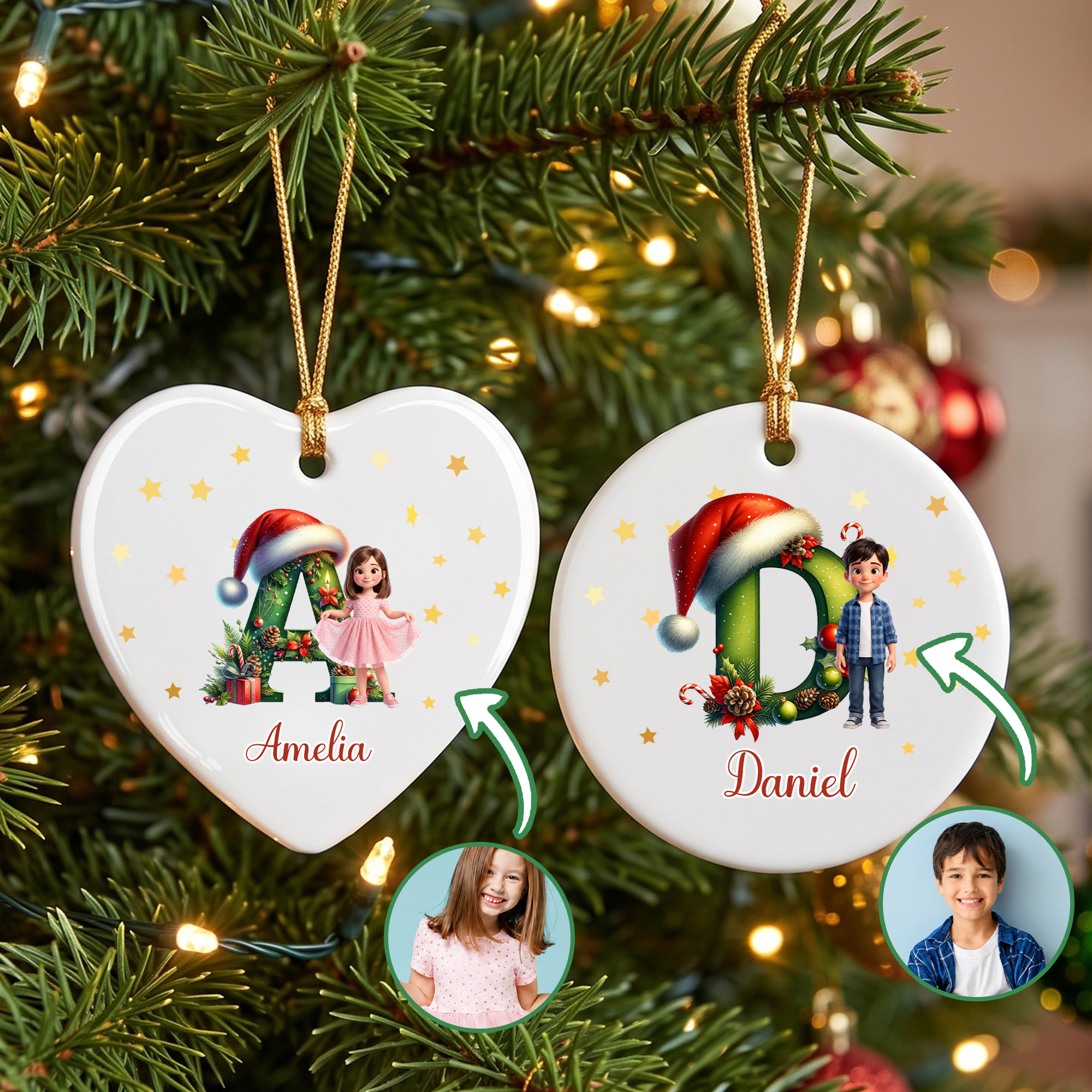 Personalised Santa Hat Initial & Cartoon Photo Heart Round Ceramic Ornament with Name Tree Decor Christmas Gift for Kid Family Friend
