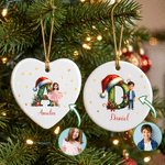 Personalised Santa Hat Initial & Cartoon Photo Heart Round Ceramic Ornament with Name Tree Decor Christmas Gift for Kid Family Friend