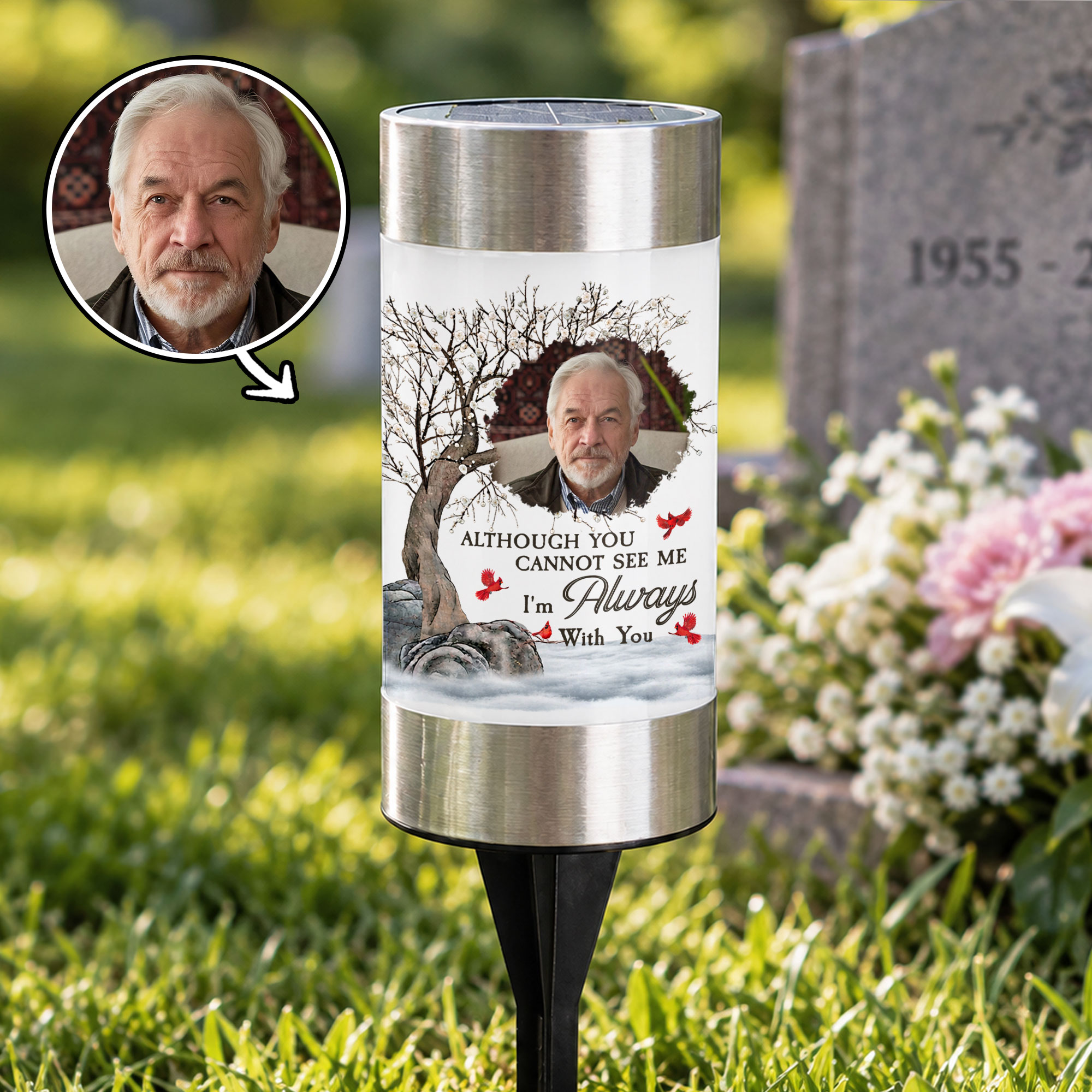 Personalisierte Solar-Gartenleuchte „Bare Tree Cardinal Misty“ mit Foto und Text – Gartendekoration für den Außenbereich, Gedenk- und Trauergeschenk zum Verlust geliebter Menschen