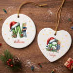 Personalised Santa Hat Initial & Cartoon Photo Heart Round Ceramic Ornament with Name Tree Decor Christmas Gift for Kid Family Friend