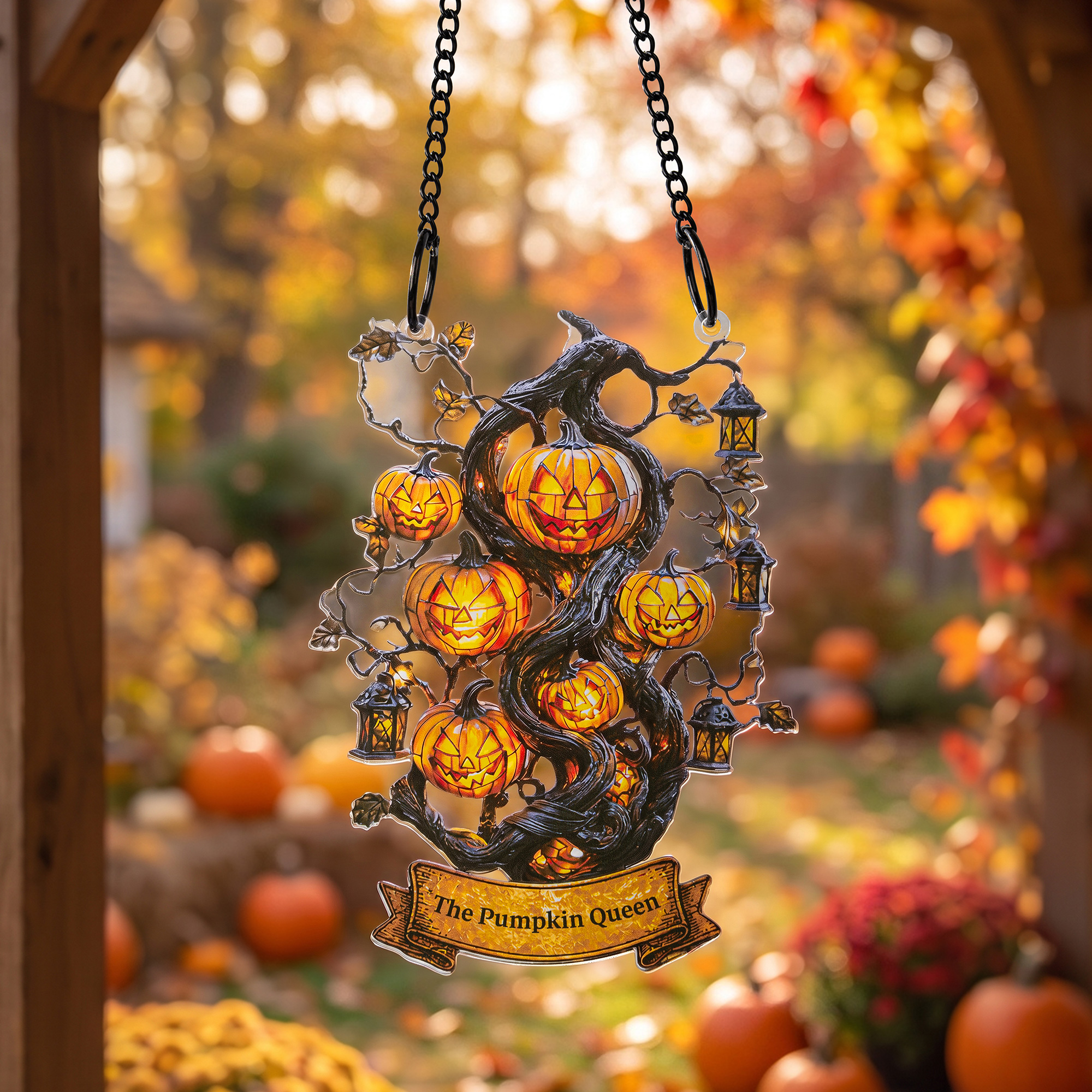Personalized Acrylic Faux Stained Glass Jack-O'-Lantern Pumpkin Tree Suncatcher with Text Halloween Fall Window Decor Gift for Halloween Lovers