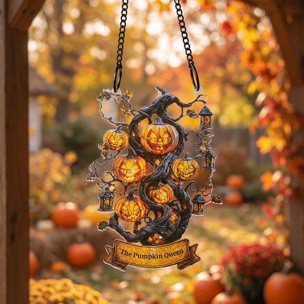Personalized Acrylic Faux Stained Glass Jack-O'-Lantern Pumpkin Tree Suncatcher with Text Halloween Fall Window Decor Gift for Halloween Lovers