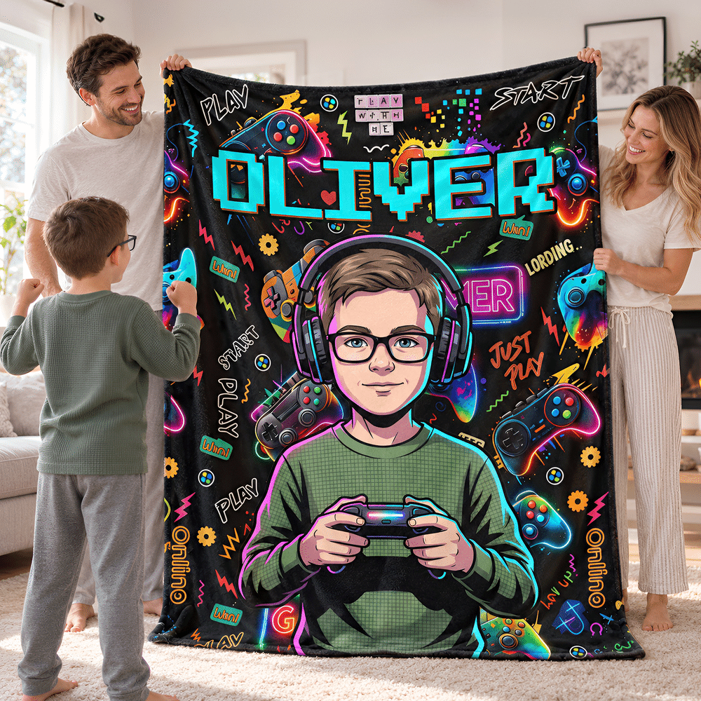 Gepersonaliseerde, zachte plaid met spelconsole-motief, cartoonafbeelding en foto, met naam – woondecoratie, cadeau voor een spelletjesavond of verjaardag voor een gamer, meisje of jongen 5
