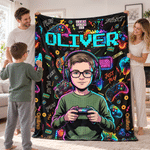 Gepersonaliseerde, zachte plaid met spelconsole-motief, cartoonafbeelding en foto, met naam – woondecoratie, cadeau voor een spelletjesavond of verjaardag voor een gamer, meisje of jongen 5