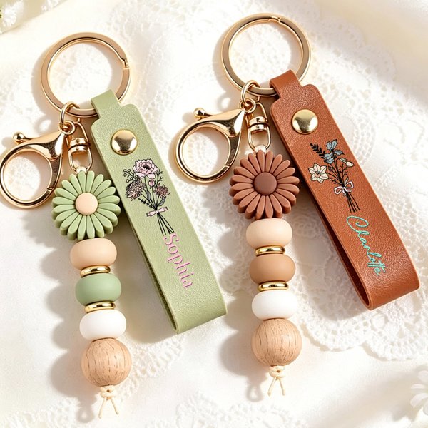 Personalized Birth Flower PU Leather Keychain with Name and Daisy Bead Charm Birthday Wedding Party Gift for Family Besties