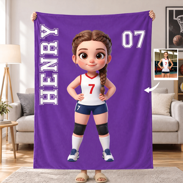 Personalised 3D-Effect Artwork Cartoon Character Photo Soft Throw Blanket with Name and Number Sport Theme Christmas Birthday Gift for Sports Fan