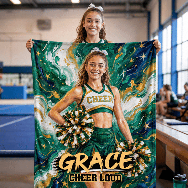 Coperta morbida personalizzata con foto in stile pittura a olio, con nome e testo: regalo di compleanno a tema stagionale per cheerleader e allenatori