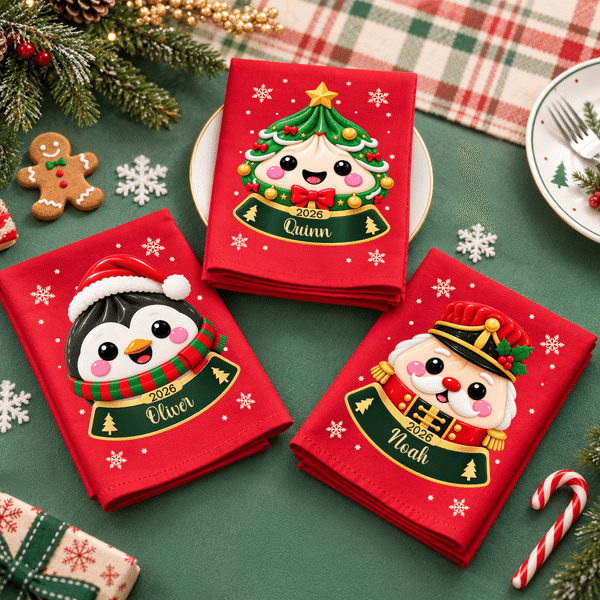 Personalised Cute 100% Cotton Cartoon Squishy Dumpling Christmas Napkin with Name and Year Dinner Table Decor Christmas Gift for Family Friends