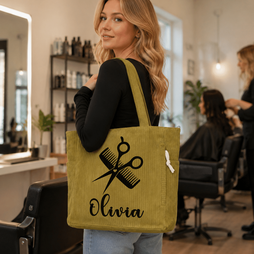Personalized Hairdressing Theme Scissors Comb Pattern Large Capacity Corduroy Tote Bag with Name Daily Use Work Birthday Gift for Salon Worker 5