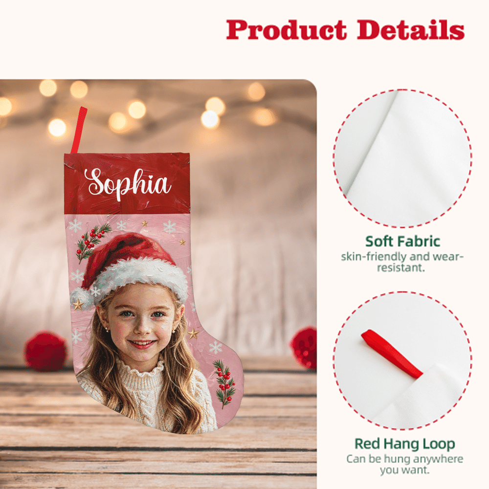Personalized Santa Hat Oil Painting Photo Multicolor Christmas Stocking with Name Home Decoration Christmas Gift for Kid Family 7