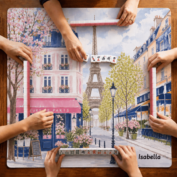 Personalized Paris Eiffel Tower Flower Non-Slip Rubber Mahjong Mat with Name Game Night Gift for Mahjong Lovers Players