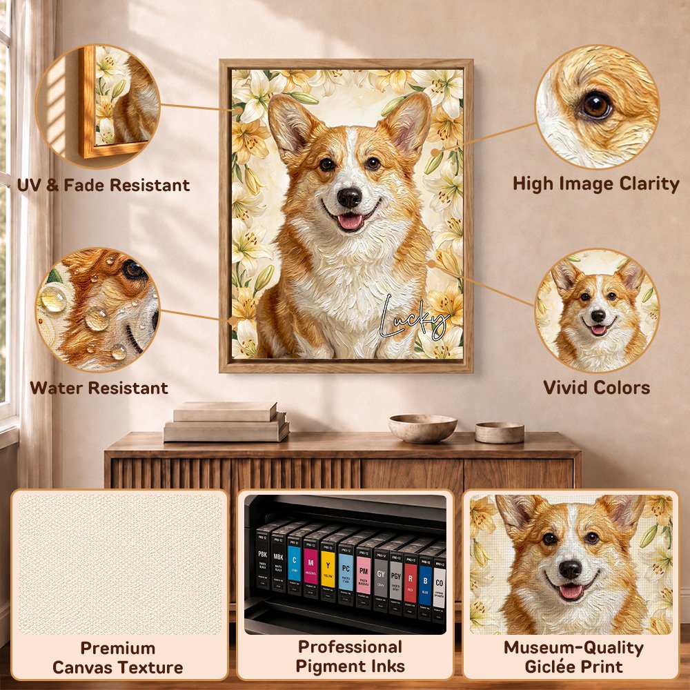 Tablesau sur toile personnalisé représentant votre animal de compagnie, réalisé dans le style d'une peinture à l'huile avec sa fleur de naissance et son nom – Décoration d'intérieur et cadeau d'anniversaire pour les propriétaires d'animaux de compagnie 10