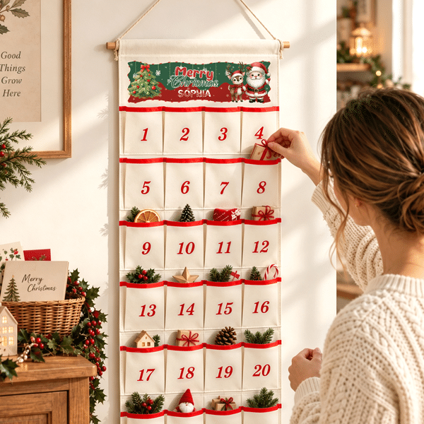 Gepersonaliseerde feestelijke kerstman- en engelen-adventskalender, kerstversieringen, cadeau voor het gezin en kinderen