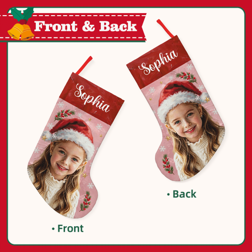 Personalized Santa Hat Oil Painting Photo Multicolor Christmas Stocking with Name Home Decoration Christmas Gift for Kid Family 8