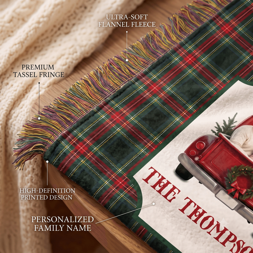 Personalised 3D-Effect Artwork Photo Pickup Lorry Plaid Blanket with Tassels and Family Surname Soft Home Decor Christmas Gift for Family Friend 7