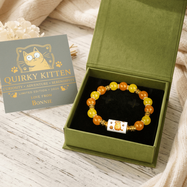 Personalized Limited Edition Cute Cat Quirky Kitten Elastic Rope Stone Bracelet Gift Box Card with Name Birthday Gift for Women Cat Mom