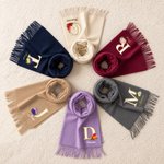 Personalized Birth Flower Initial Design Soft Warm Scarf with Name and Tassel Winter Accessory Christmas Birthday Gift for Woman Mom Grandma
