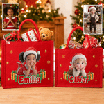 Bolso de yute rojo con diseño personalizado con efecto 3D, temática navideña, personaje de dibujos animados tumbado y foto, con nombre; regalo navideño para la familia y los niños