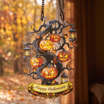 Personalized Acrylic Faux Stained Glass Jack-O'-Lantern Pumpkin Tree Suncatcher with Text Halloween Fall Window Decor Gift for Halloween Lovers