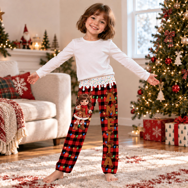 Individuell gestaltete Pyjamahose mit 3D-Effekt, Weihnachts-Cartoon-Motiv und Foto, mit Namen – Weihnachtsgeschenk für Kinder, Frauen und Männer
