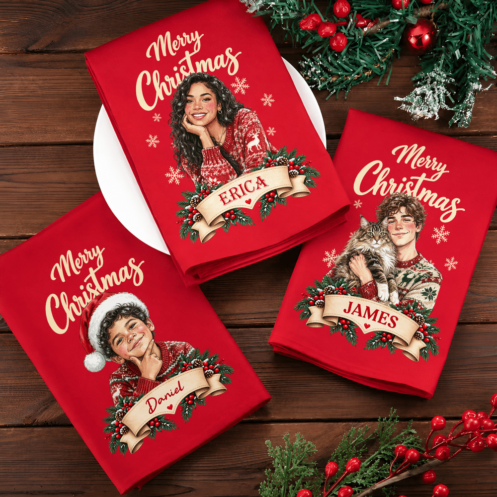 Personalised Vintage American Style Portrait 100% Cotton Red Napkin with Name Table Decor Christmas Party Gift for Family Friends 2