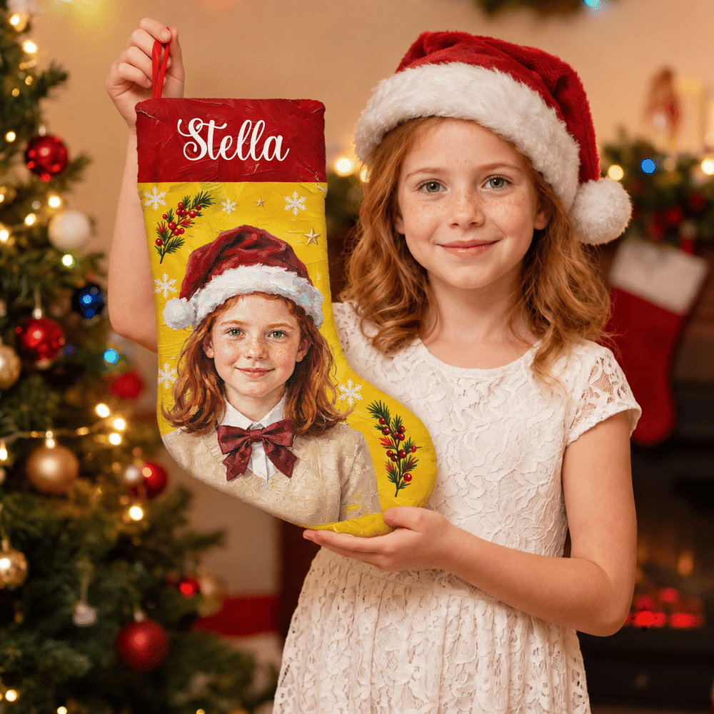 Personalized Santa Hat Oil Painting Photo Multicolor Christmas Stocking with Name Home Decoration Christmas Gift for Kid Family 3
