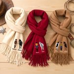 Sciarpa morbida e calda personalizzata con ricamo multicolore raffigurante cavallo e cavaliere, nome ricamato e nappa: accessorio invernale, regalo per anniversari e compleanni per gli amanti dei cavalli