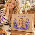 Personalised Photo Birth Flower Jute Tote Bag with Name Daily Use Beach Party Birthday Gift for Women Friends