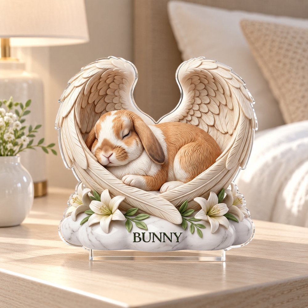 Personalized 3D-Effect Artwork Rabbit Photo Angel Wings Floral Clear Acrylic Plaque with Name Memorial Gift for Pet Rabbit Owners 4
