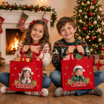 Bolso de yute rojo con diseño personalizado con efecto 3D, temática navideña, personaje de dibujos animados tumbado y foto, con nombre; regalo navideño para la familia y los niños