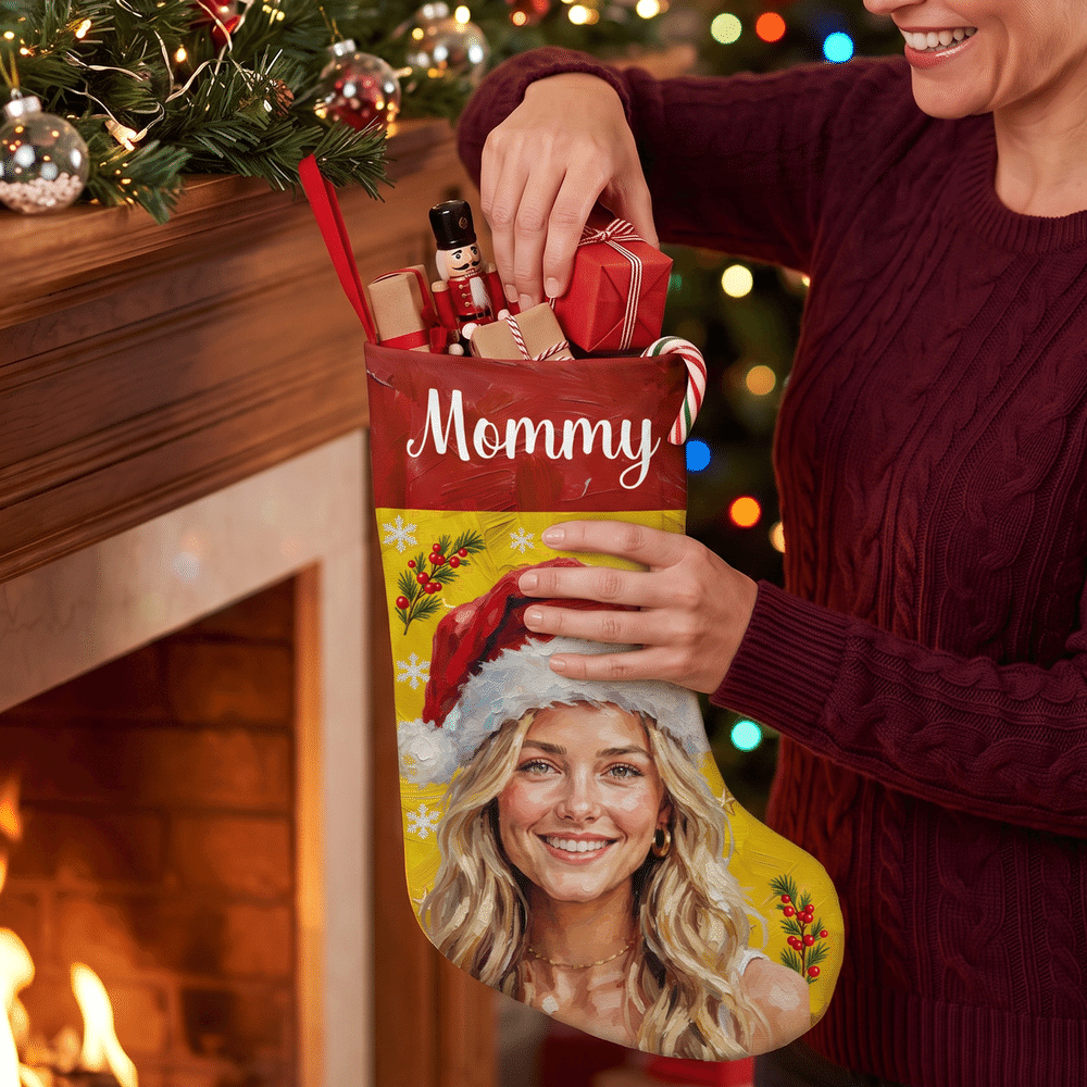 Personalized Santa Hat Oil Painting Photo Multicolor Christmas Stocking with Name Home Decoration Christmas Gift for Kid Family 5
