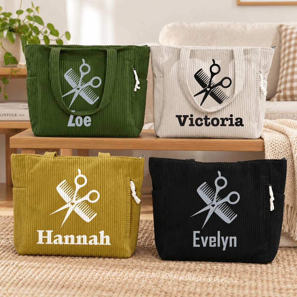 Personalized Hairdressing Theme Scissors Comb Pattern Large Capacity Corduroy Tote Bag with Name Daily Use Work Birthday Gift for Salon Worker 1