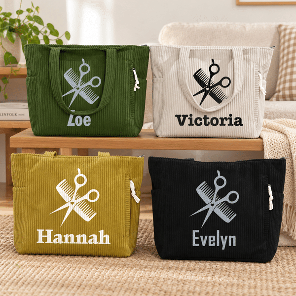 Personalised Hairdressing Theme Scissors Comb Pattern Large Capacity Corduroy Tote Bag with Name Daily Use Work Birthday Gift for Salon Worker