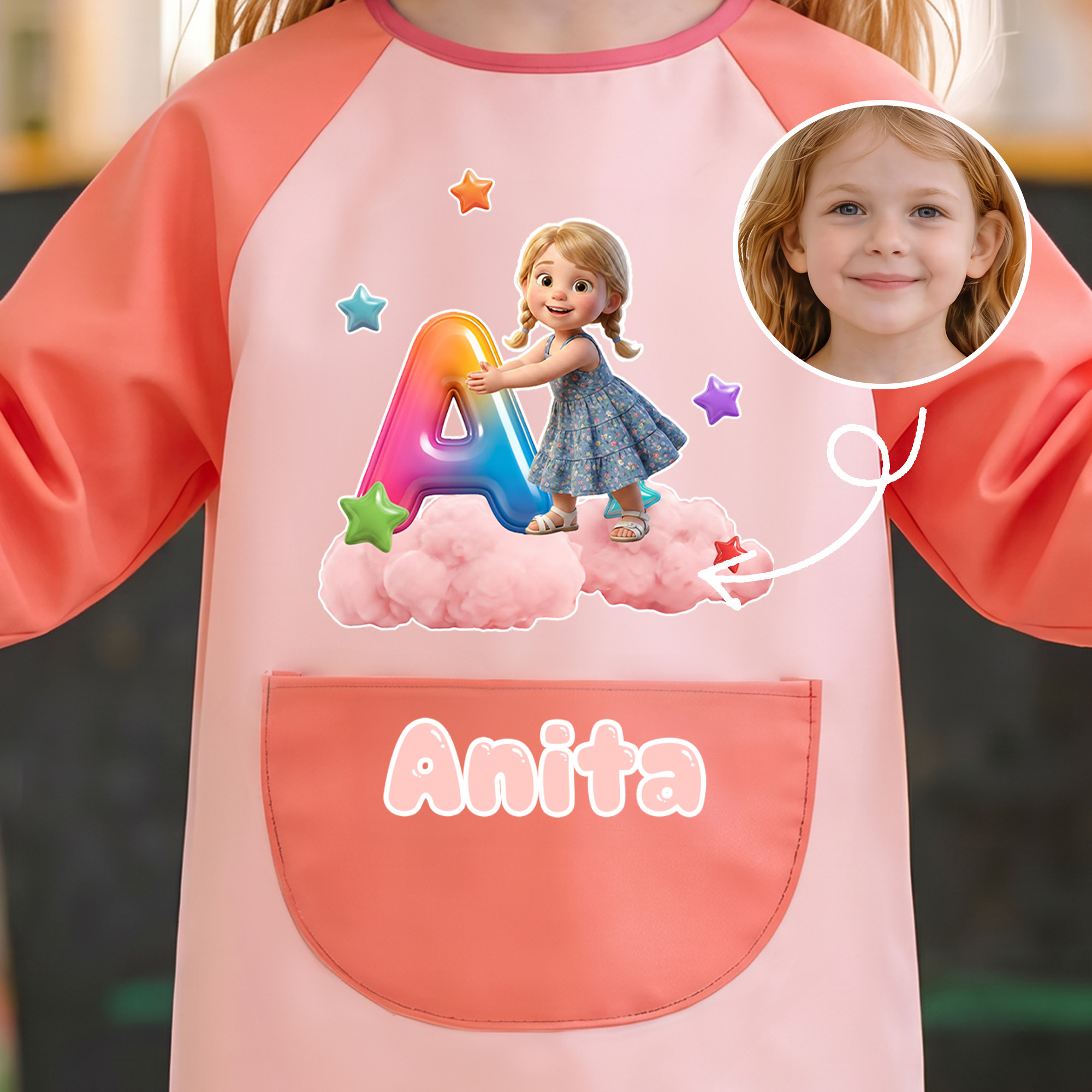 Individuell gestaltete, wasserfeste Schürze mit 3D-Effekt, Charakter-Motiv, Foto, Namen und Tasche – als Geschenk zum Schulanfang, für Outdoor-Aktivitäten oder zum Geburtstag für Kinder und Schüler