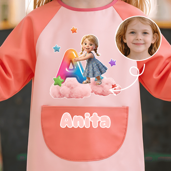 Personalized Waterproof 3D-Effect Artwork Character Photo Apron with Name and Pocket Back to School Outdoor Activities Birthday Gift for Kid Student