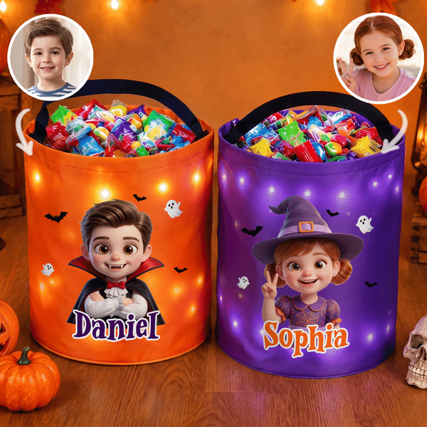 Personalised Halloween Theme Witch Vampire Photo LED Light Trick or Treat Bag with Name Halloween Gift for Teenagers Children