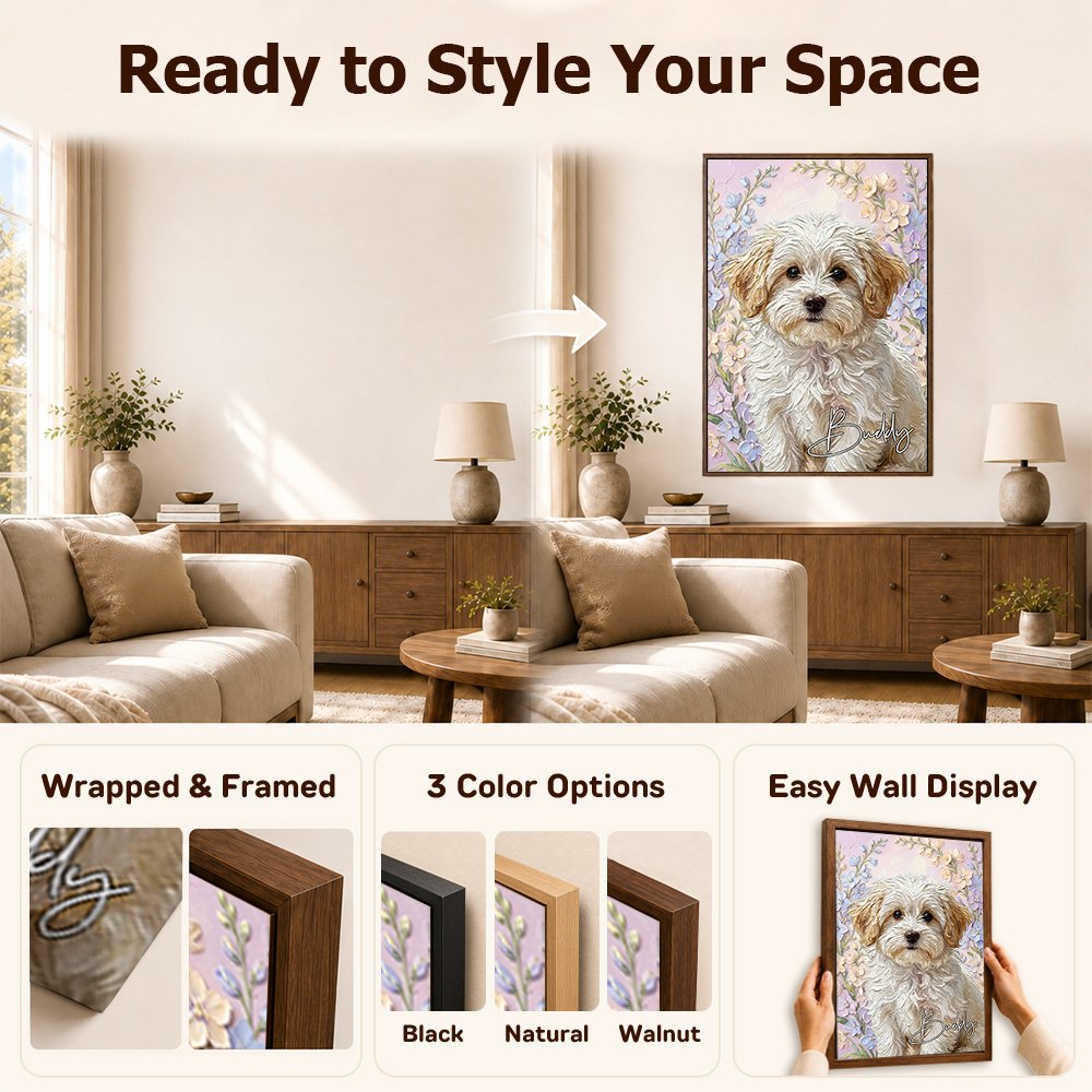 Tablesau sur toile personnalisé représentant votre animal de compagnie, réalisé dans le style d'une peinture à l'huile avec sa fleur de naissance et son nom – Décoration d'intérieur et cadeau d'anniversaire pour les propriétaires d'animaux de compagnie 11