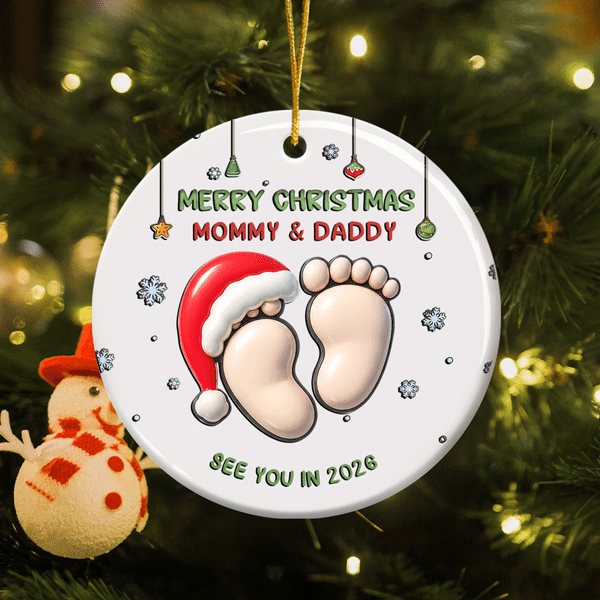 Personalised Merry Christmas Footprint Round Ceramic Ornament with Title and Year Tree Decor Christmas Baptism Gift for Baby Kids
